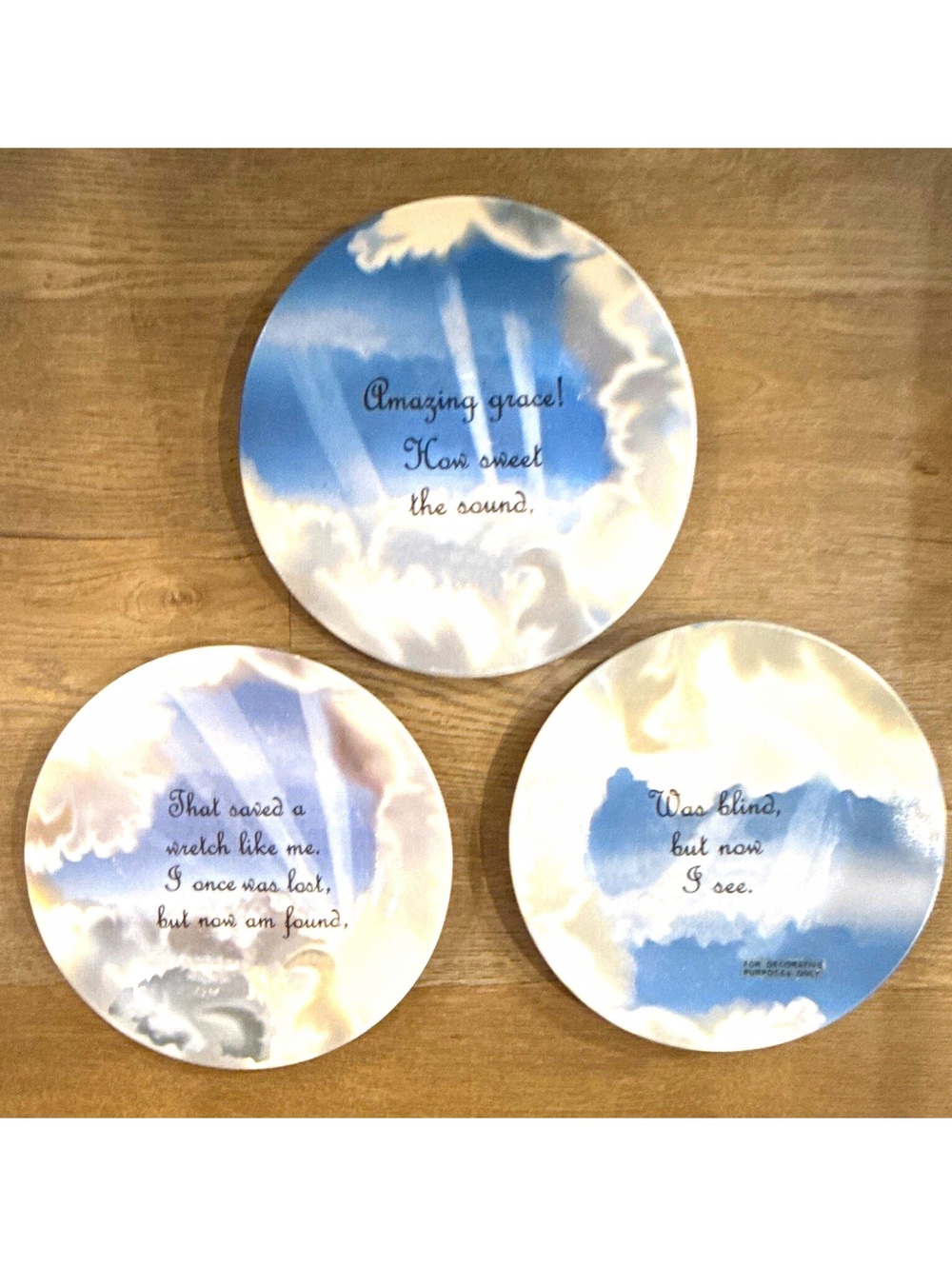 Vintage Amazing Grace Lyrics Decorative Plates Set of 3, Blue Cloud Design